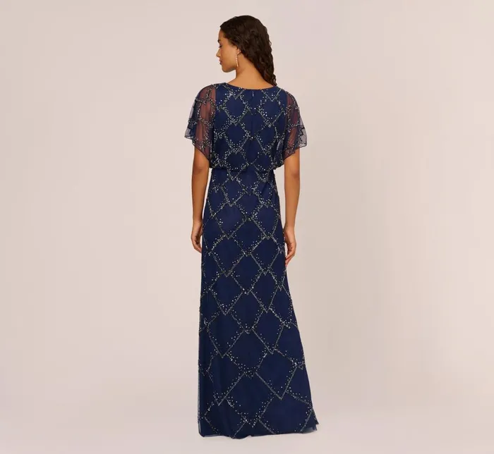 Adrianna Papell Formal Dresses HandBeaded Blouson Long Gown With Flutter Sleeves In Light Navy 8211 Women