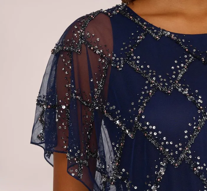 Adrianna Papell Formal Dresses HandBeaded Blouson Long Gown With Flutter Sleeves In Light Navy 8211 Women