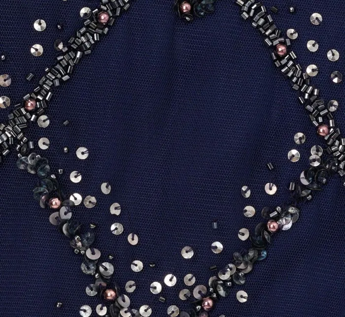Adrianna Papell Formal Dresses HandBeaded Blouson Long Gown With Flutter Sleeves In Light Navy 8211 Women