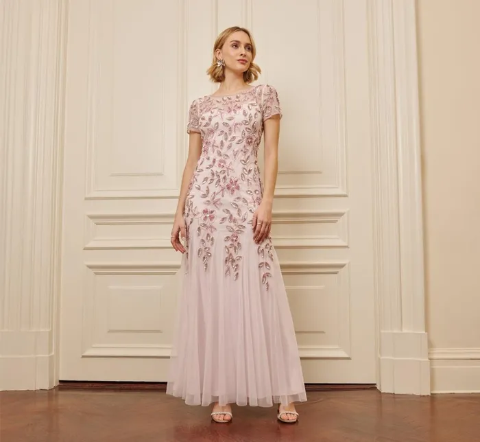 Adrianna Papell Formal Dresses Hand Beaded Short Sleeve Floral Godet Gown In Blush Pink 8211 Women