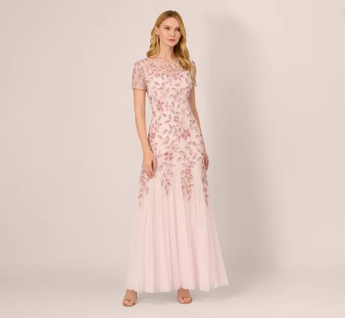 Adrianna Papell Formal Dresses Hand Beaded Short Sleeve Floral Godet Gown In Blush Pink 8211 Women