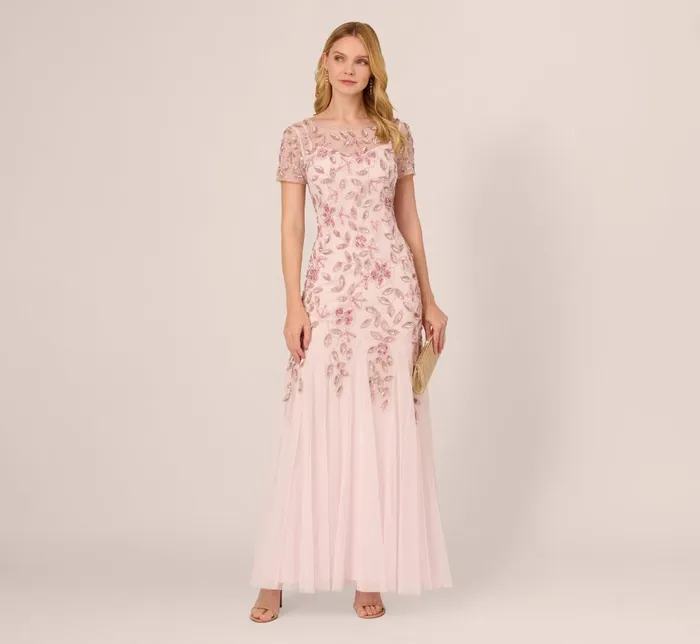 Adrianna Papell Formal Dresses Hand Beaded Short Sleeve Floral Godet Gown In Blush Pink 8211 Women