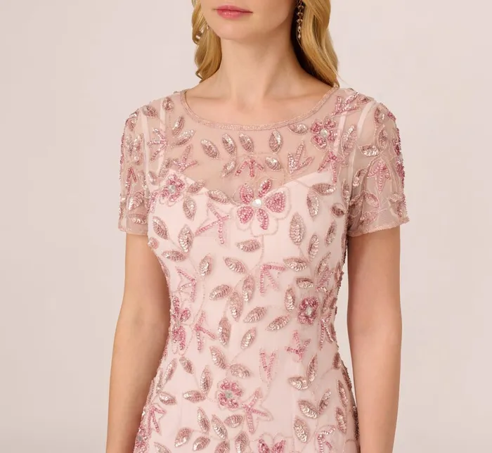 Adrianna Papell Formal Dresses Hand Beaded Short Sleeve Floral Godet Gown In Blush Pink 8211 Women