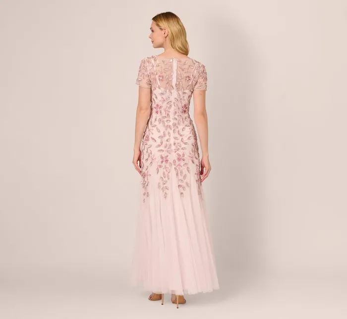 Adrianna Papell Formal Dresses Hand Beaded Short Sleeve Floral Godet Gown In Blush Pink 8211 Women