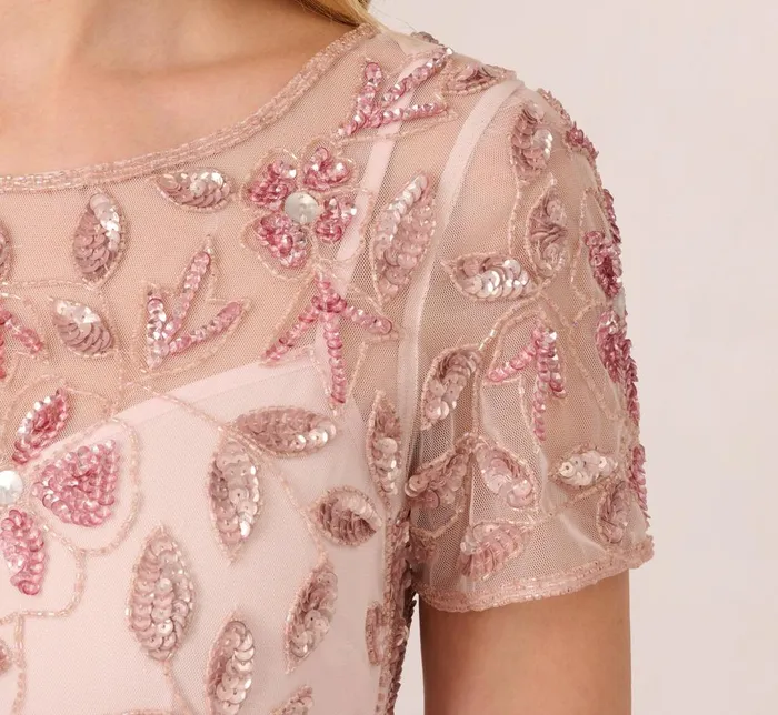 Adrianna Papell Formal Dresses Hand Beaded Short Sleeve Floral Godet Gown In Blush Pink 8211 Women