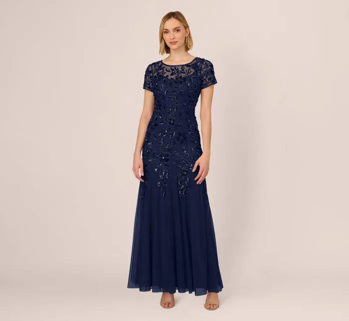 Adrianna Papell Formal Dresses Hand Beaded Short Sleeve Floral Godet Gown In Light Navy 8211 Women Adrianna Papell Formal Dresses Hand Beaded Short Sleeve Floral Godet Gown In Light Navy 8211 Women