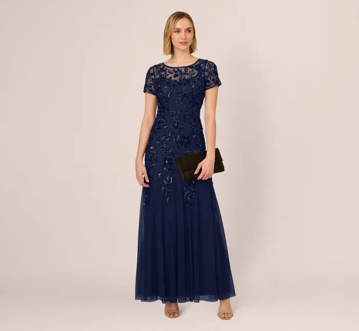 Adrianna Papell Formal Dresses Hand Beaded Short Sleeve Floral Godet Gown In Light Navy 8211 Women