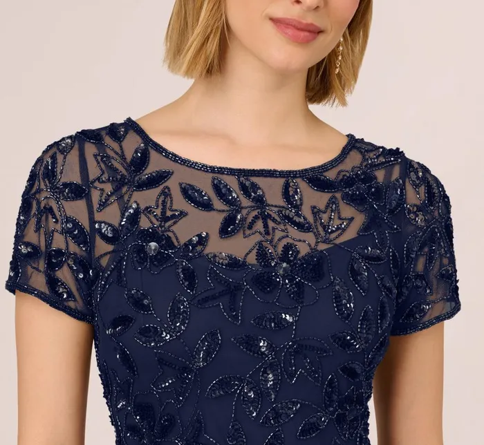 Adrianna Papell Formal Dresses Hand Beaded Short Sleeve Floral Godet Gown In Light Navy 8211 Women