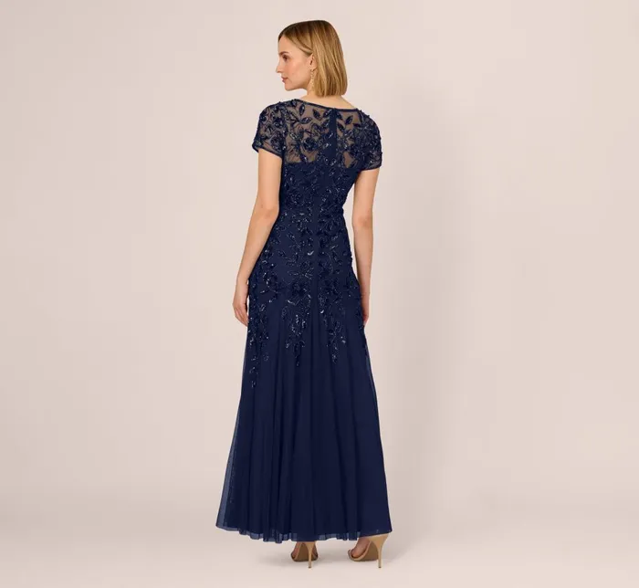 Adrianna Papell Formal Dresses Hand Beaded Short Sleeve Floral Godet Gown In Light Navy 8211 Women