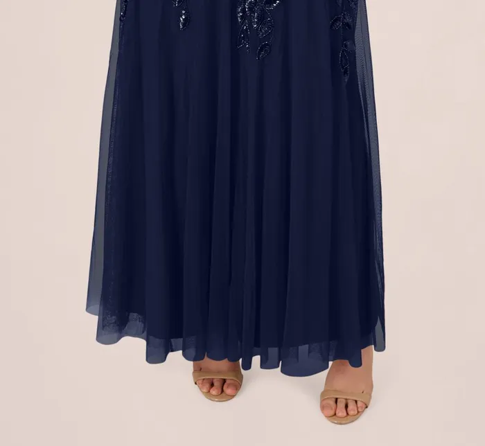 Adrianna Papell Formal Dresses Hand Beaded Short Sleeve Floral Godet Gown In Light Navy 8211 Women