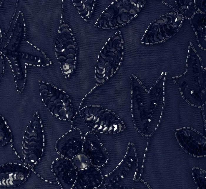 Adrianna Papell Formal Dresses Hand Beaded Short Sleeve Floral Godet Gown In Light Navy 8211 Women