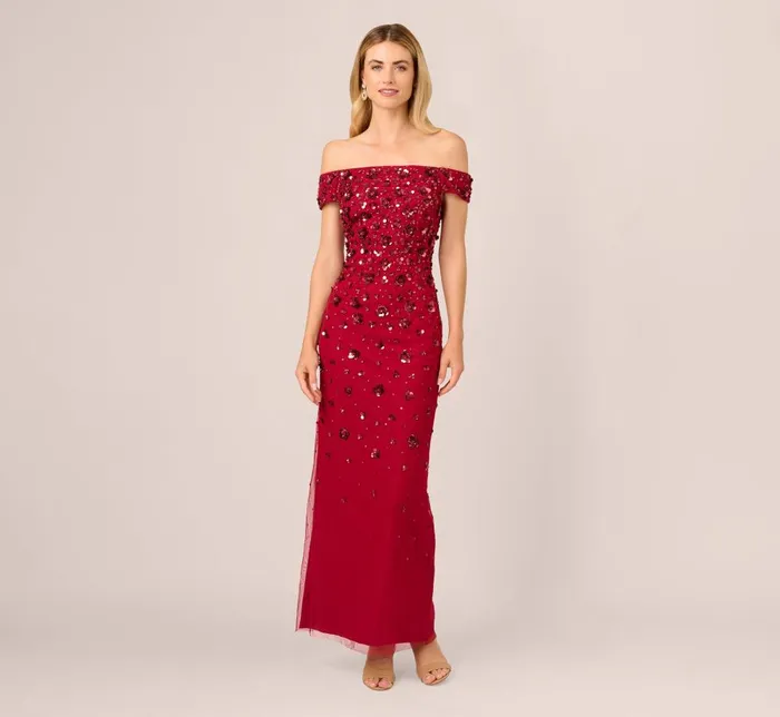 Adrianna Papell Formal Dresses Off Shoulder Dress With Floral Embellishment In Cranberry 8211 Women Adrianna Papell Formal Dresses Off Shoulder Dress With Floral Embellishment In Cranberry 8211 Women