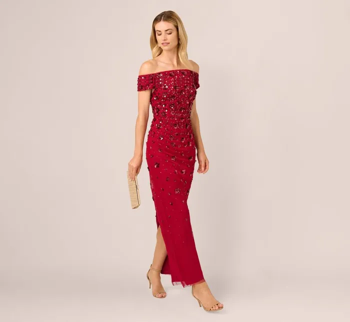 Adrianna Papell Formal Dresses Off Shoulder Dress With Floral Embellishment In Cranberry 8211 Women
