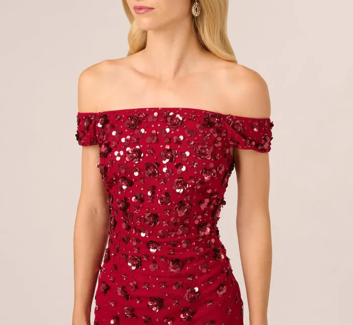 Adrianna Papell Formal Dresses Off Shoulder Dress With Floral Embellishment In Cranberry 8211 Women