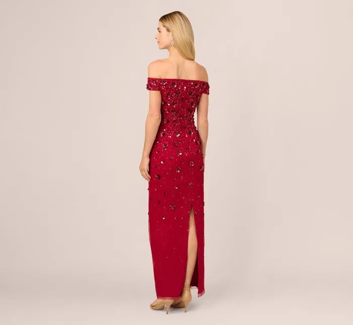 Adrianna Papell Formal Dresses Off Shoulder Dress With Floral Embellishment In Cranberry 8211 Women