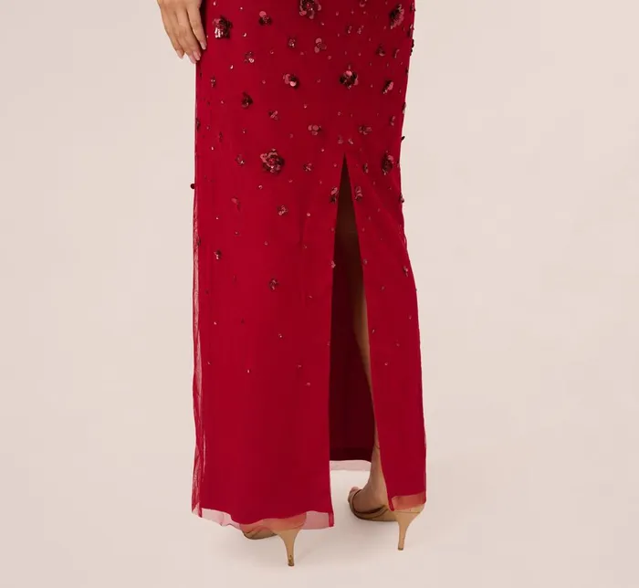 Adrianna Papell Formal Dresses Off Shoulder Dress With Floral Embellishment In Cranberry 8211 Women