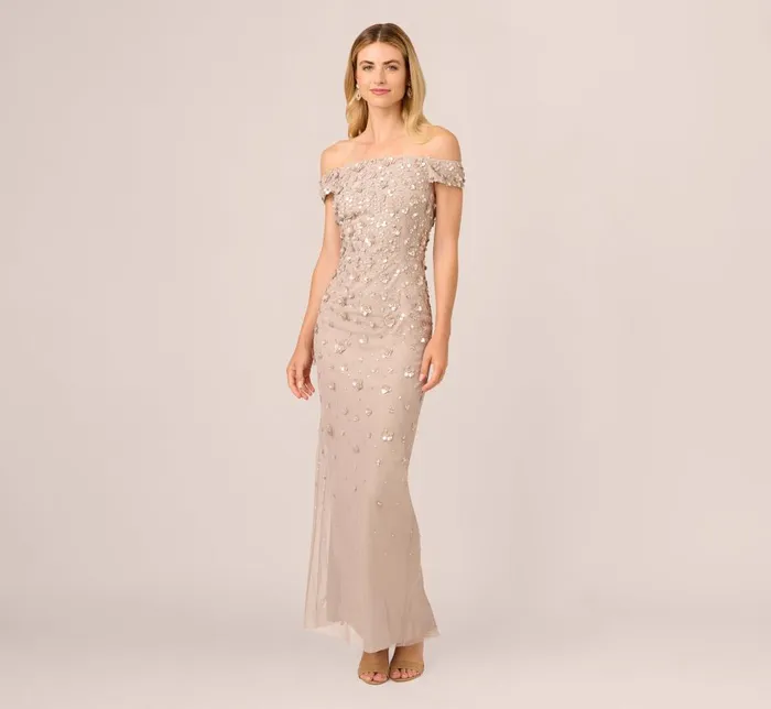 Adrianna Papell Formal Dresses Off Shoulder Dress With Floral Embellishment In Marble 8211 Women Adrianna Papell Formal Dresses Off Shoulder Dress With Floral Embellishment In Marble 8211 Women