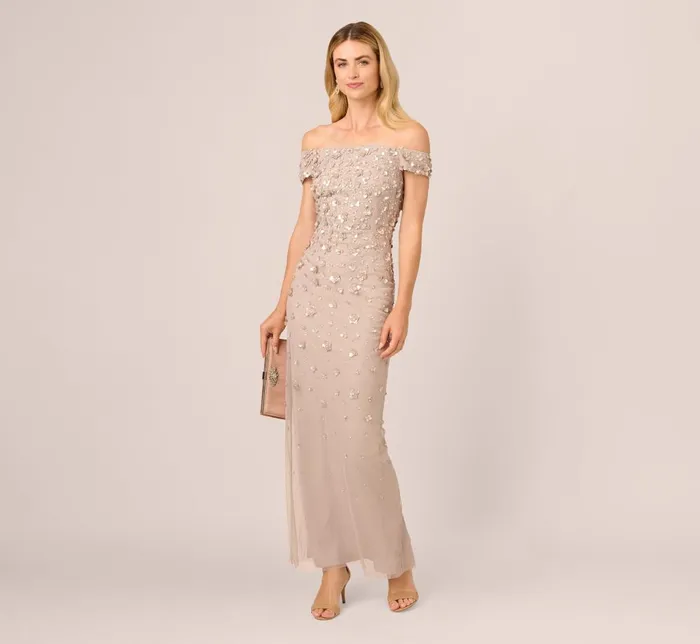Adrianna Papell Formal Dresses Off Shoulder Dress With Floral Embellishment In Marble 8211 Women