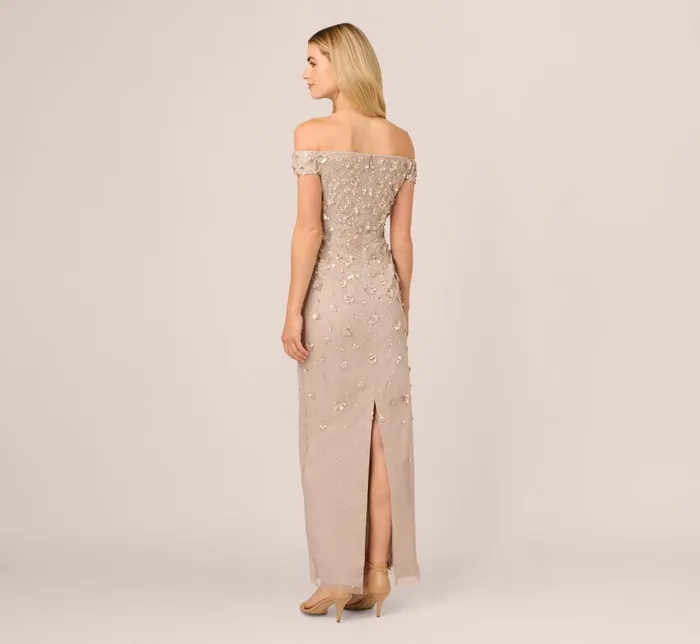 Adrianna Papell Formal Dresses Off Shoulder Dress With Floral Embellishment In Marble 8211 Women