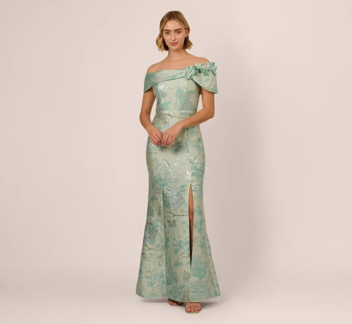 Adrianna Papell Formal Dresses Off Shoulder Floral Jacquard Mermaid Gown In Icy Sage 8211 Women Adrianna Papell Formal Dresses Off Shoulder Floral Jacquard Mermaid Gown In Icy Sage 8211 Women