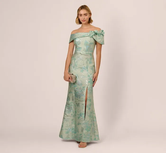 Adrianna Papell Formal Dresses Off Shoulder Floral Jacquard Mermaid Gown In Icy Sage 8211 Women