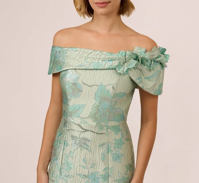 Adrianna Papell Formal Dresses Off Shoulder Floral Jacquard Mermaid Gown In Icy Sage 8211 Women