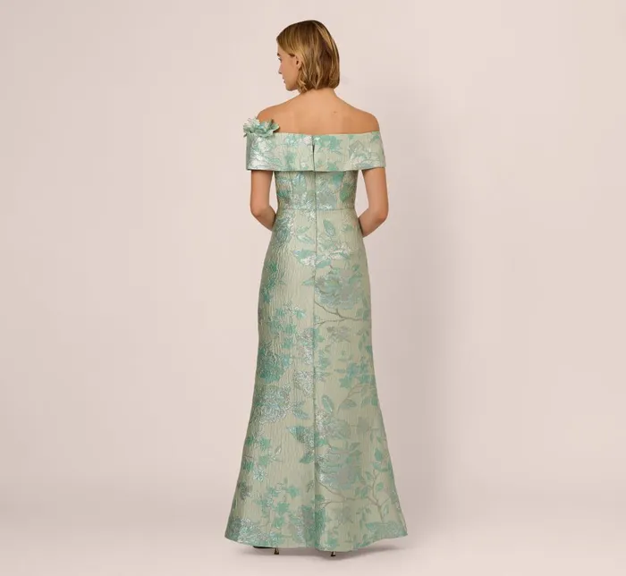 Adrianna Papell Formal Dresses Off Shoulder Floral Jacquard Mermaid Gown In Icy Sage 8211 Women