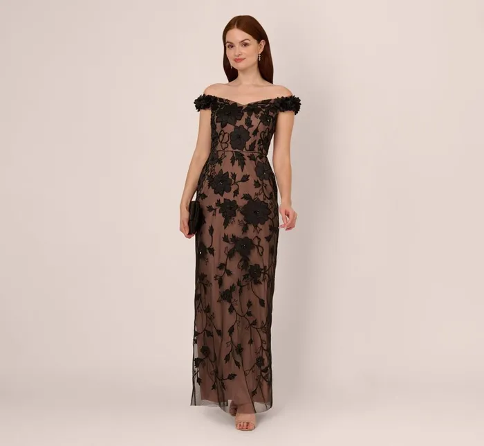 Adrianna Papell Formal Dresses Off The Shoulder Beaded Column Gown With Rosette Accents In Black Rosegold 8211 Women