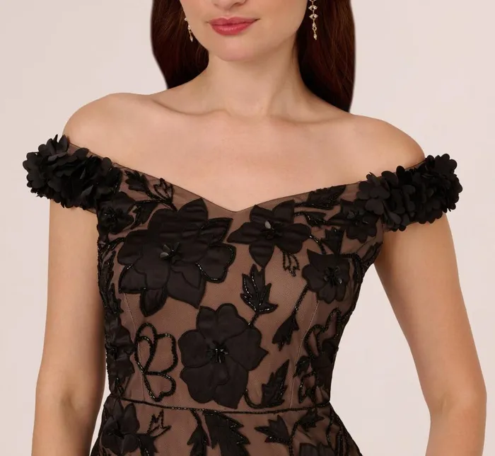 Adrianna Papell Formal Dresses Off The Shoulder Beaded Column Gown With Rosette Accents In Black Rosegold 8211 Women