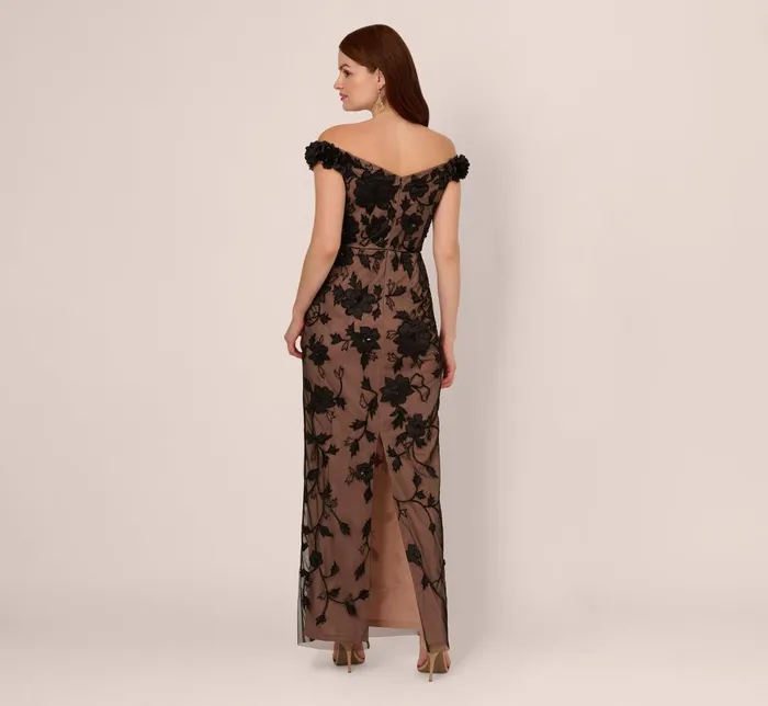 Adrianna Papell Formal Dresses Off The Shoulder Beaded Column Gown With Rosette Accents In Black Rosegold 8211 Women