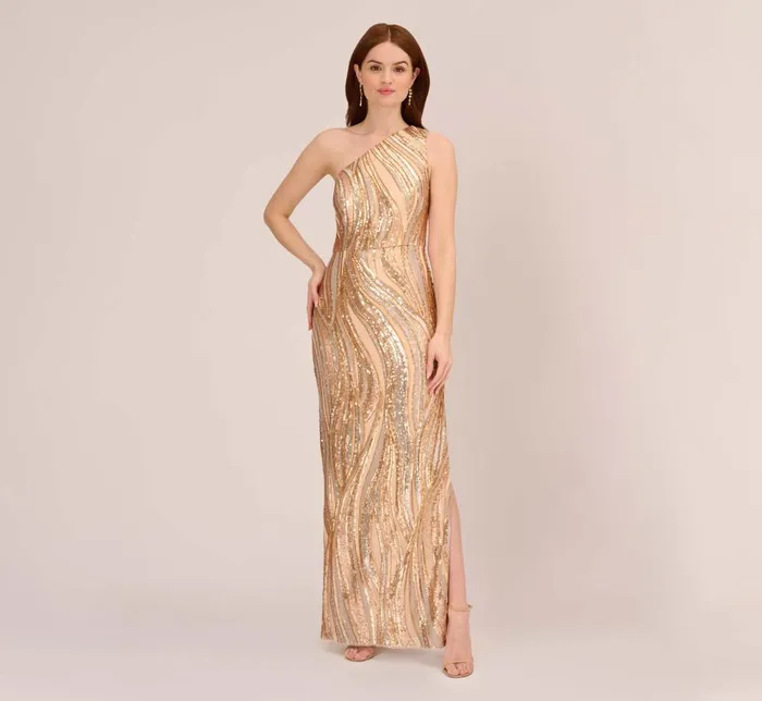 Adrianna Papell Formal Dresses One Shoulder Abstract Sequin Gown In Champagne Gold Multi 8211 Women