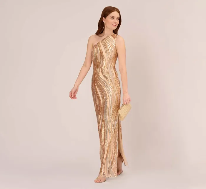 Adrianna Papell Formal Dresses One Shoulder Abstract Sequin Gown In Champagne Gold Multi 8211 Women