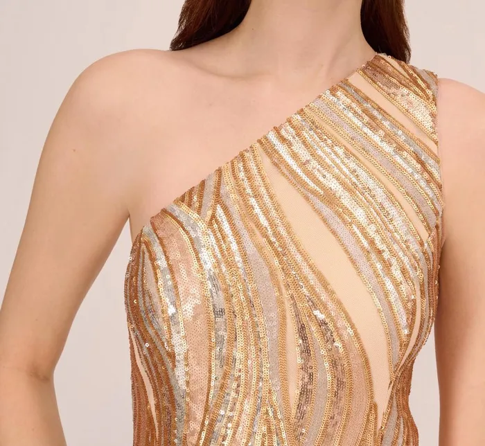 Adrianna Papell Formal Dresses One Shoulder Abstract Sequin Gown In Champagne Gold Multi 8211 Women