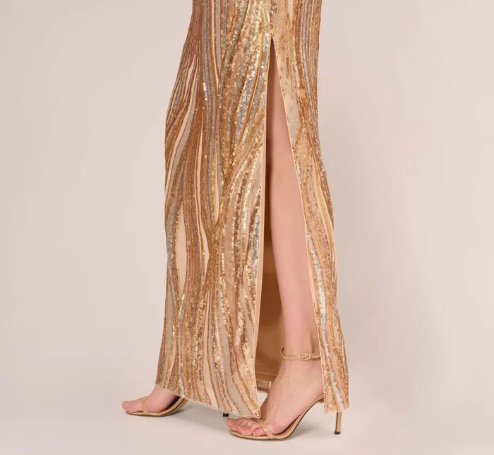 Adrianna Papell Formal Dresses One Shoulder Abstract Sequin Gown In Champagne Gold Multi 8211 Women