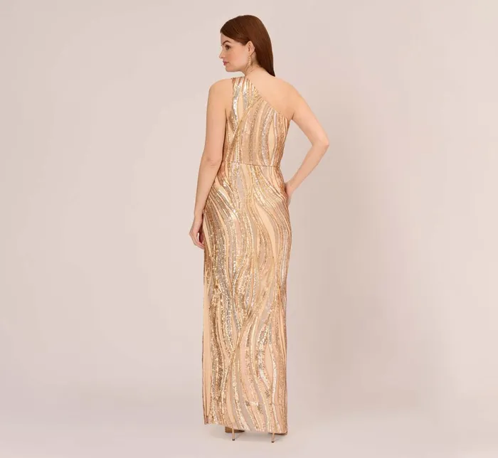 Adrianna Papell Formal Dresses One Shoulder Abstract Sequin Gown In Champagne Gold Multi 8211 Women