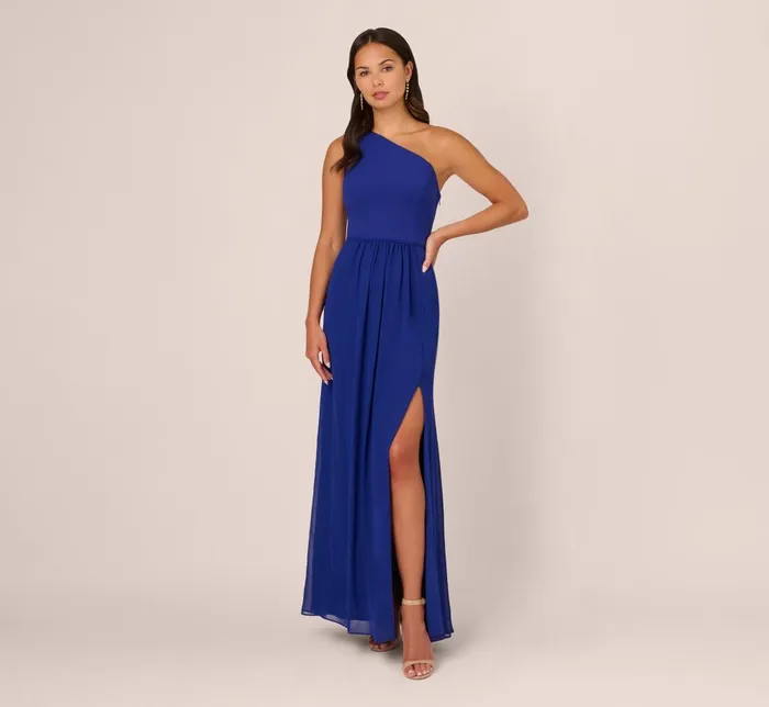 Adrianna Papell Formal Dresses OneShoulder Chiffon Long Gown In Royal Sapphire 8211 Women