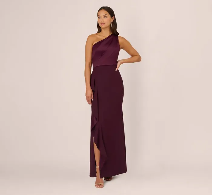 Adrianna Papell Formal Dresses OneShoulder Long Satin Crepe Mermaid Gown In Bordeaux Glow 8211 Women