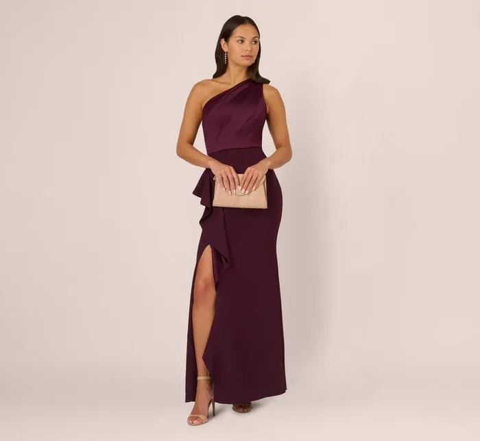 Adrianna Papell Formal Dresses OneShoulder Long Satin Crepe Mermaid Gown In Bordeaux Glow 8211 Women