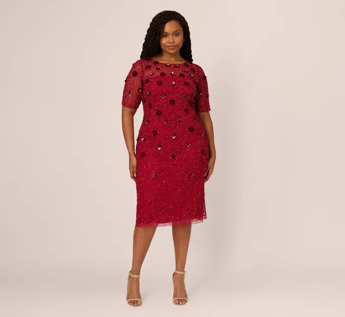 Adrianna Papell Formal Dresses Plus Size Embellished Mesh Cocktail Dress In Cranberry 8211 Women Adrianna Papell Formal Dresses Plus Size Embellished Mesh Cocktail Dress In Cranberry 8211 Women