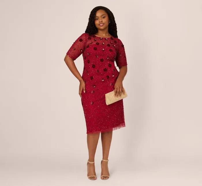 Adrianna Papell Formal Dresses Plus Size Embellished Mesh Cocktail Dress In Cranberry 8211 Women