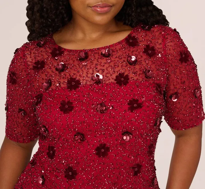 Adrianna Papell Formal Dresses Plus Size Embellished Mesh Cocktail Dress In Cranberry 8211 Women