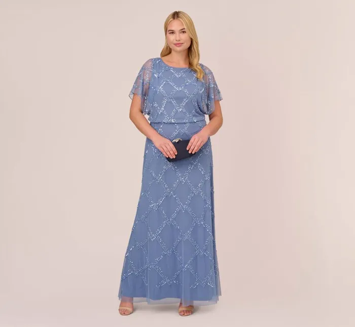 Adrianna Papell Formal Dresses Plus Size HandBeaded Blouson Long Gown With Flutter Sleeves In French Blue 8211 Women