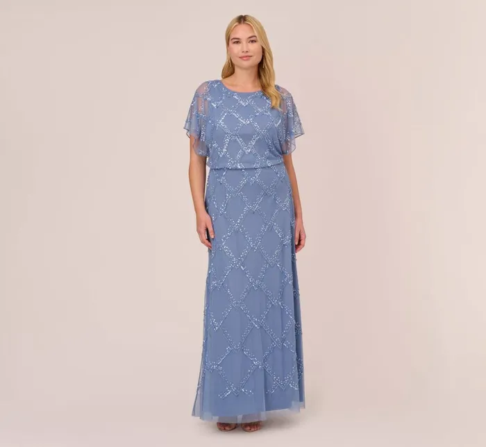 Adrianna Papell Formal Dresses Plus Size HandBeaded Blouson Long Gown With Flutter Sleeves In French Blue 8211 Women