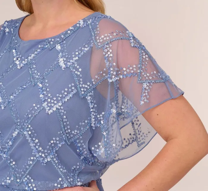 Adrianna Papell Formal Dresses Plus Size HandBeaded Blouson Long Gown With Flutter Sleeves In French Blue 8211 Women