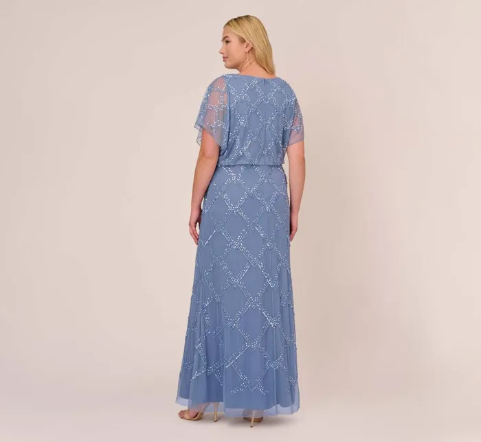 Adrianna Papell Formal Dresses Plus Size HandBeaded Blouson Long Gown With Flutter Sleeves In French Blue 8211 Women