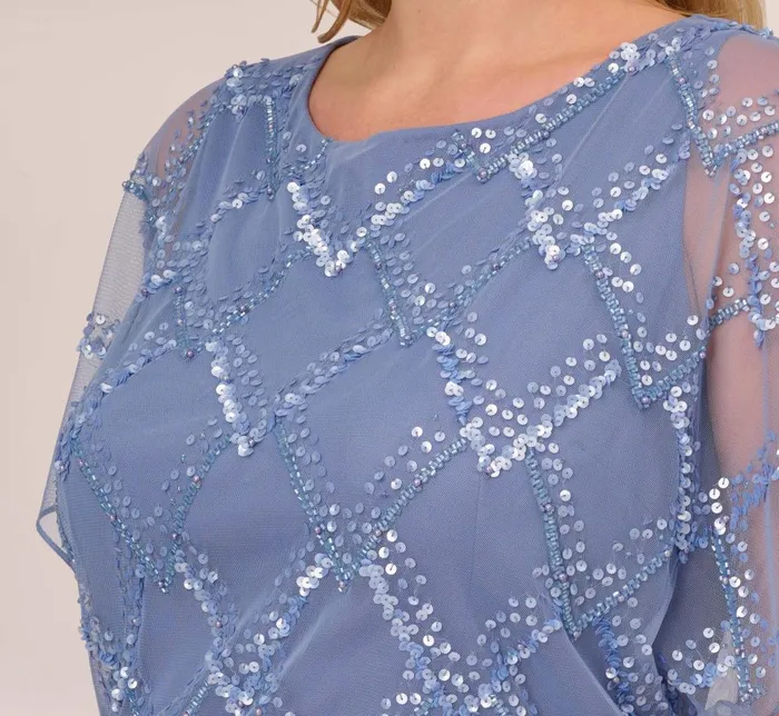Adrianna Papell Formal Dresses Plus Size HandBeaded Blouson Long Gown With Flutter Sleeves In French Blue 8211 Women