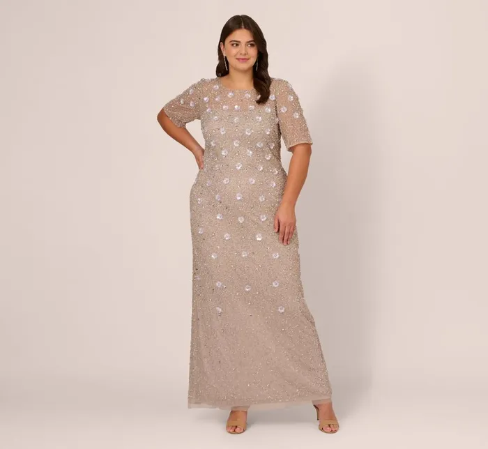 Adrianna Papell Formal Dresses Plus Size Long Hand Beaded 3d Floral Dress With Elbow Sleeves In Marble 8211 Women