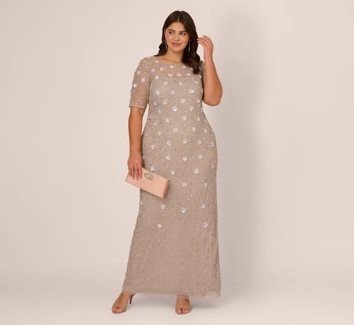 Adrianna Papell Formal Dresses Plus Size Long Hand Beaded 3d Floral Dress With Elbow Sleeves In Marble 8211 Women