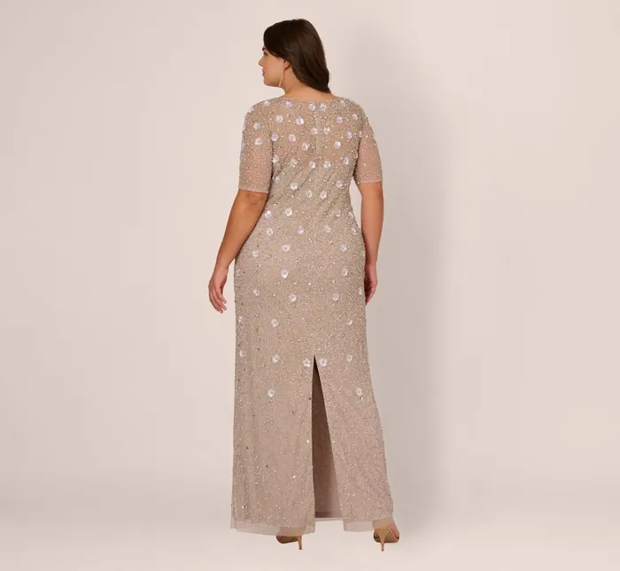 Adrianna Papell Formal Dresses Plus Size Long Hand Beaded 3d Floral Dress With Elbow Sleeves In Marble 8211 Women
