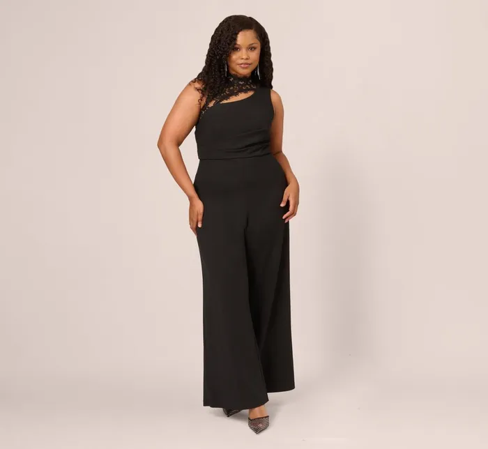 Adrianna Papell Formal Dresses Plus Size Sleeveless Wide Leg Jumpsuit With Lace Neckline In Black 8211 Women